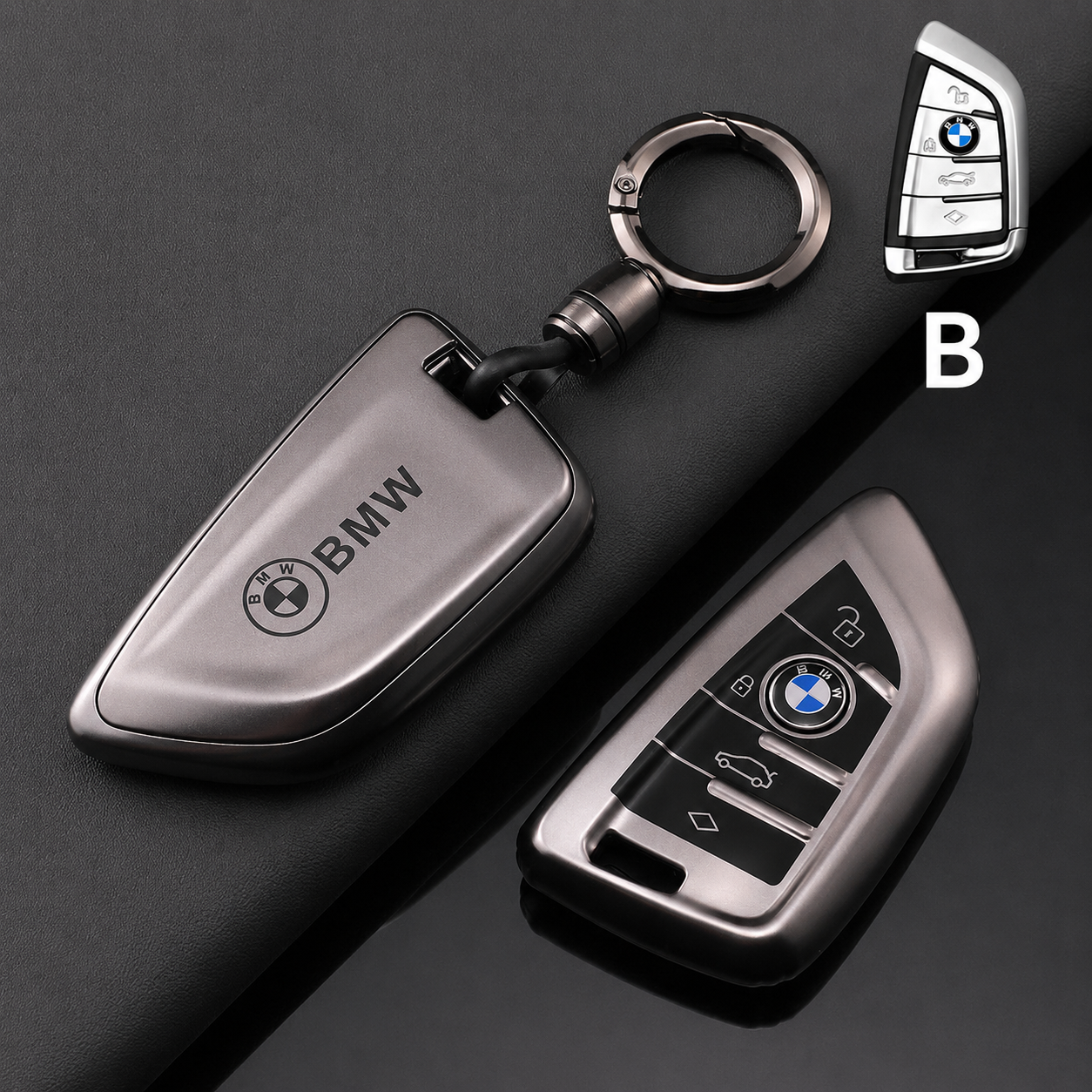 Премиум калъф за ключ BMW с метален ефект и ключодържател