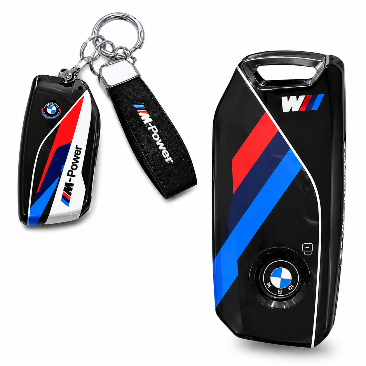 Калъф за ключ BMW M Power с кожен ключодържател – спортен дизайн ЧЕРЕН
