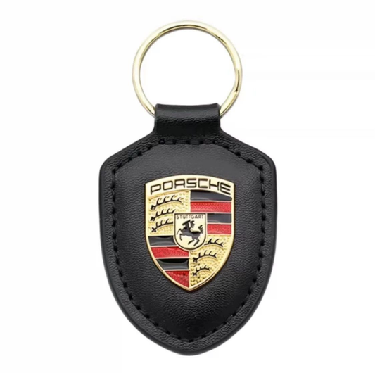 Луксозен кожен ключодържател Porsche с метална емблема ЧЕРЕН