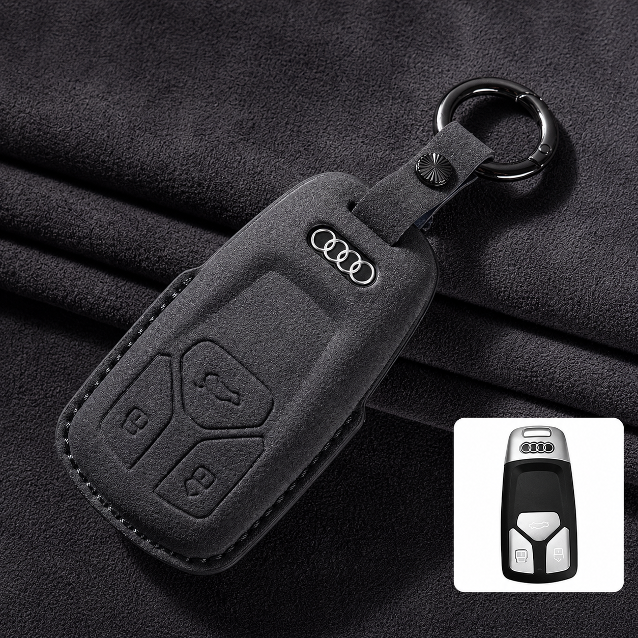 Калъф за ключ Audi от Алкантара с метален ключодържател – Премиум защита ЧЕРЕН