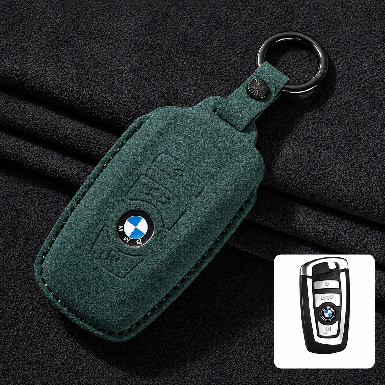Премиум калъф за ключ BMW от Алкантара с ключодържател – 3 цвята ЗЕЛЕН