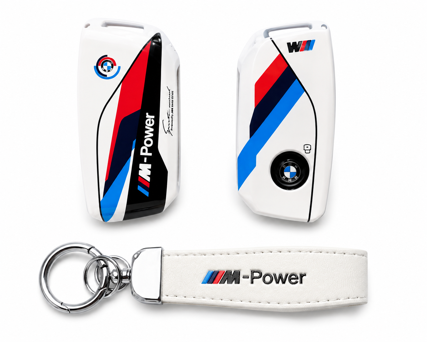 Калъф за ключ BMW M Power с кожен ключодържател – спортен дизайн БЯЛ