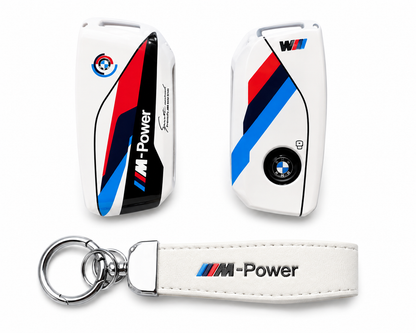 Калъф за ключ BMW M Power с кожен ключодържател – спортен дизайн БЯЛ