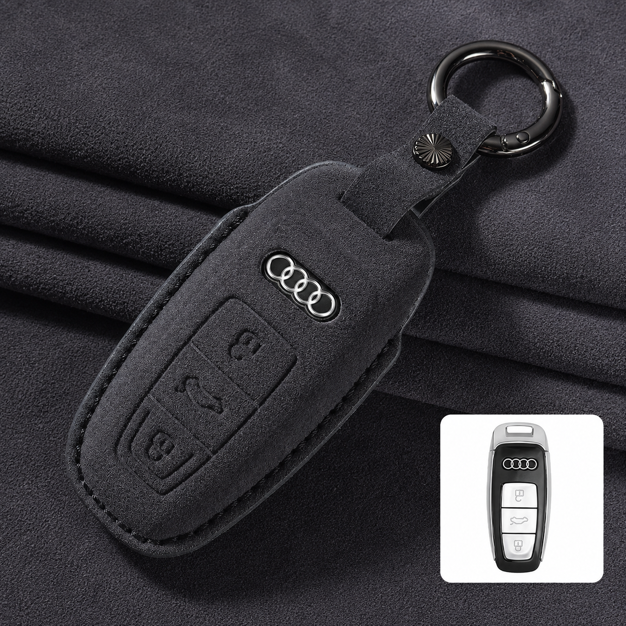 Калъф за ключ Audi от Алкантара с метален ключодържател – Премиум защита