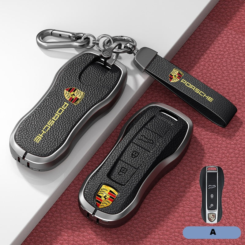 Калъф за ключ Porsche – кожа + метал (луксозен дизайн) ЧЕРЕН А
