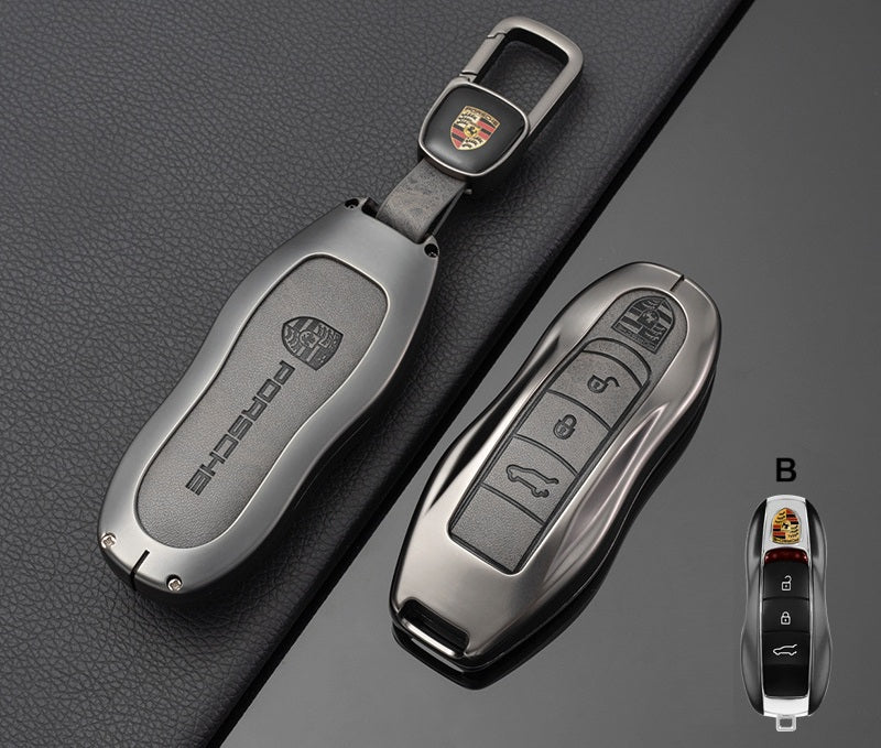 Премиум кожен калъф за ключ Porsche с метален корпус СИВ " B "