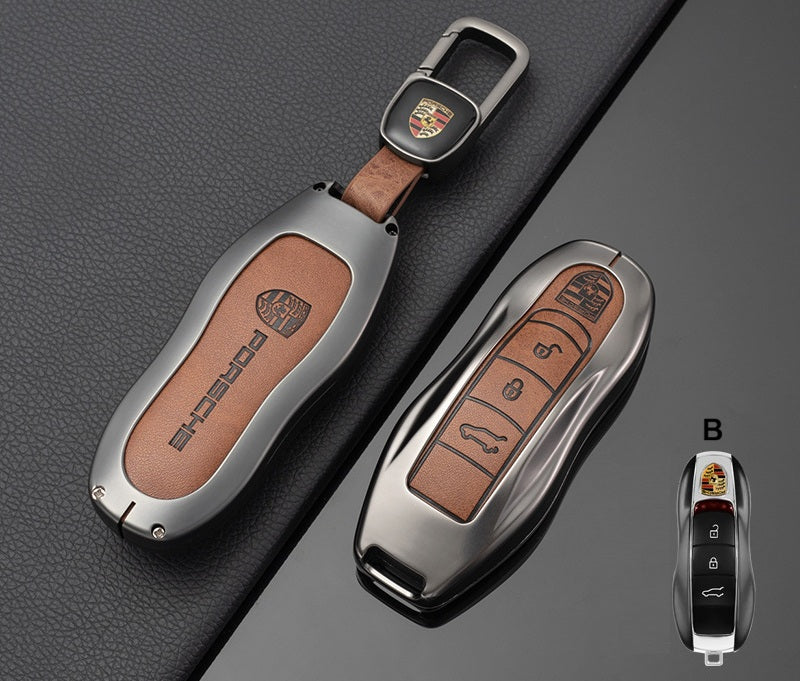 Премиум кожен калъф за ключ Porsche с метален корпус КАФЯВ " B "