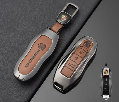 Премиум кожен калъф за ключ Porsche с метален корпус КАФЯВ " B "