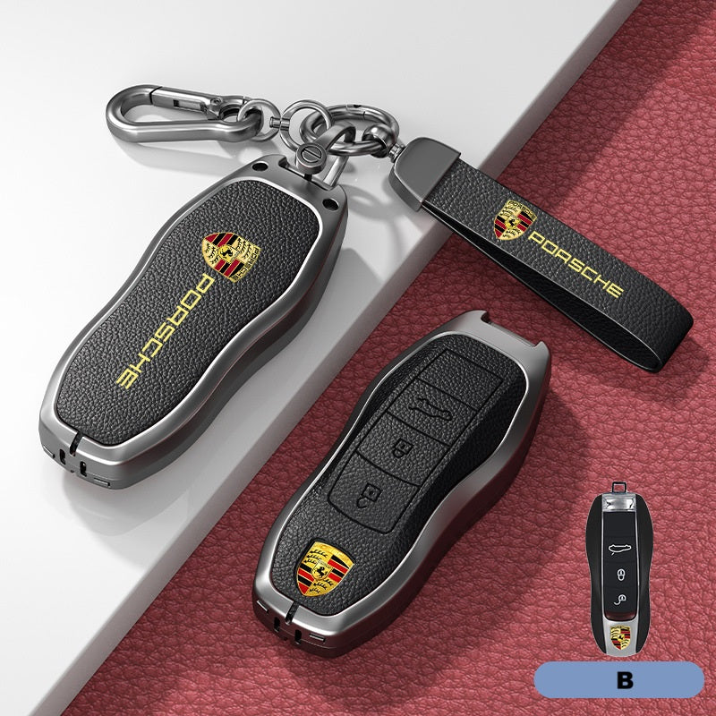 Калъф за ключ Porsche – кожа + метал (луксозен дизайн) ЧЕРЕН B
