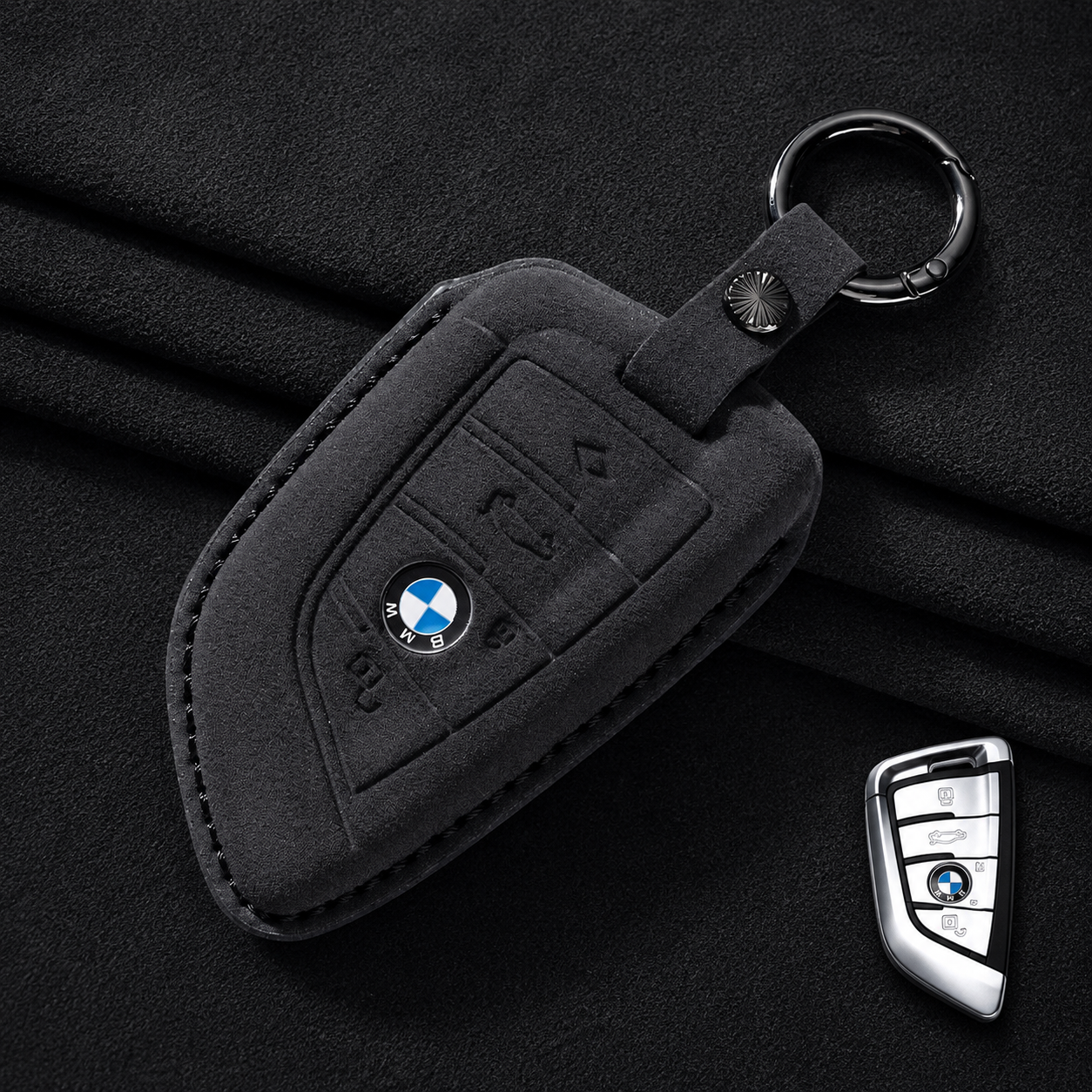 Премиум калъф за ключ BMW от Алкантара с ключодържател – 3 цвята ЧЕРЕН