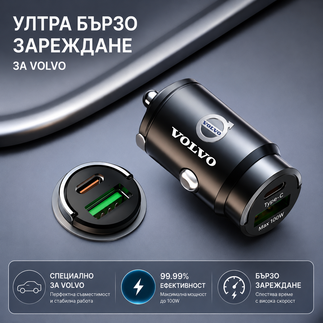 Автомобилно зарядно 100W с USB-C и USB – Бързо зареждане
