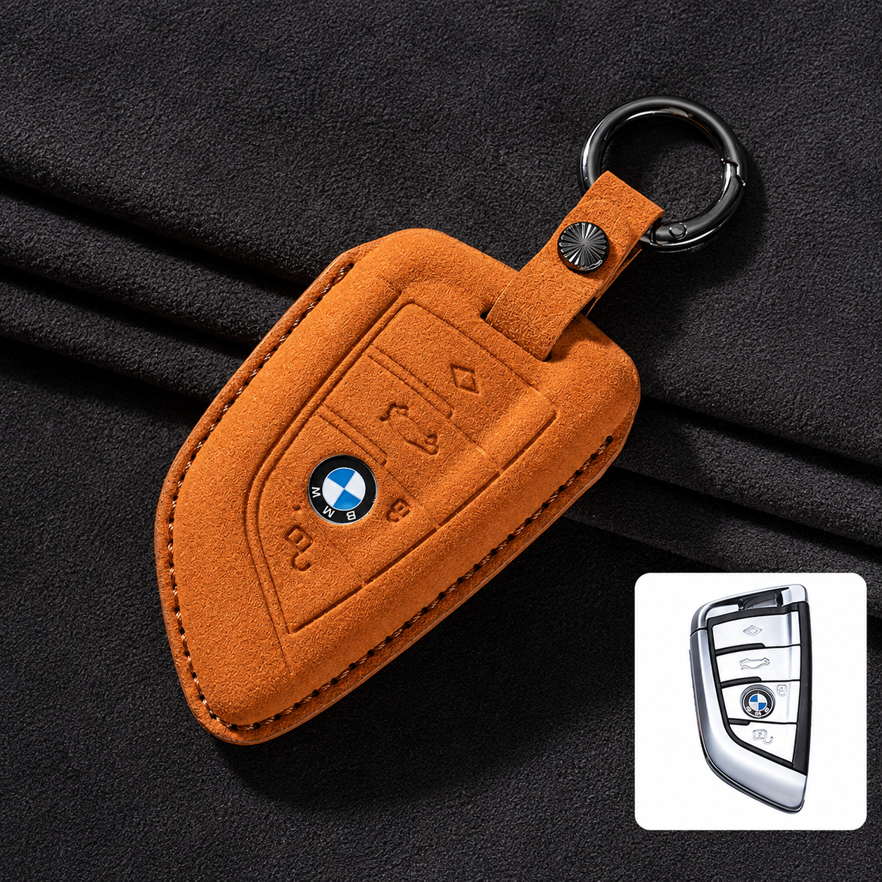 Премиум калъф за ключ BMW от Алкантара с ключодържател – 3 цвята ОРАНЖЕВ