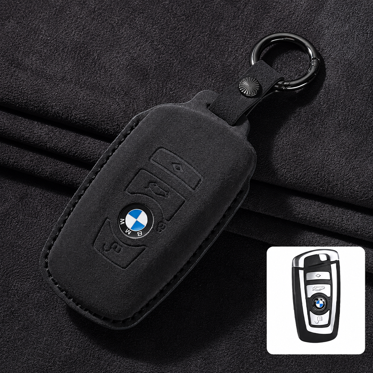 Премиум калъф за ключ BMW от Алкантара с ключодържател – 3 цвята ЧЕРЕН