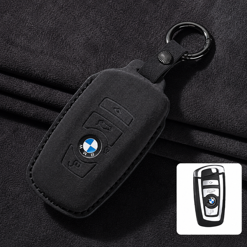Премиум калъф за ключ BMW от Алкантара с ключодържател – 3 цвята ЧЕРЕН