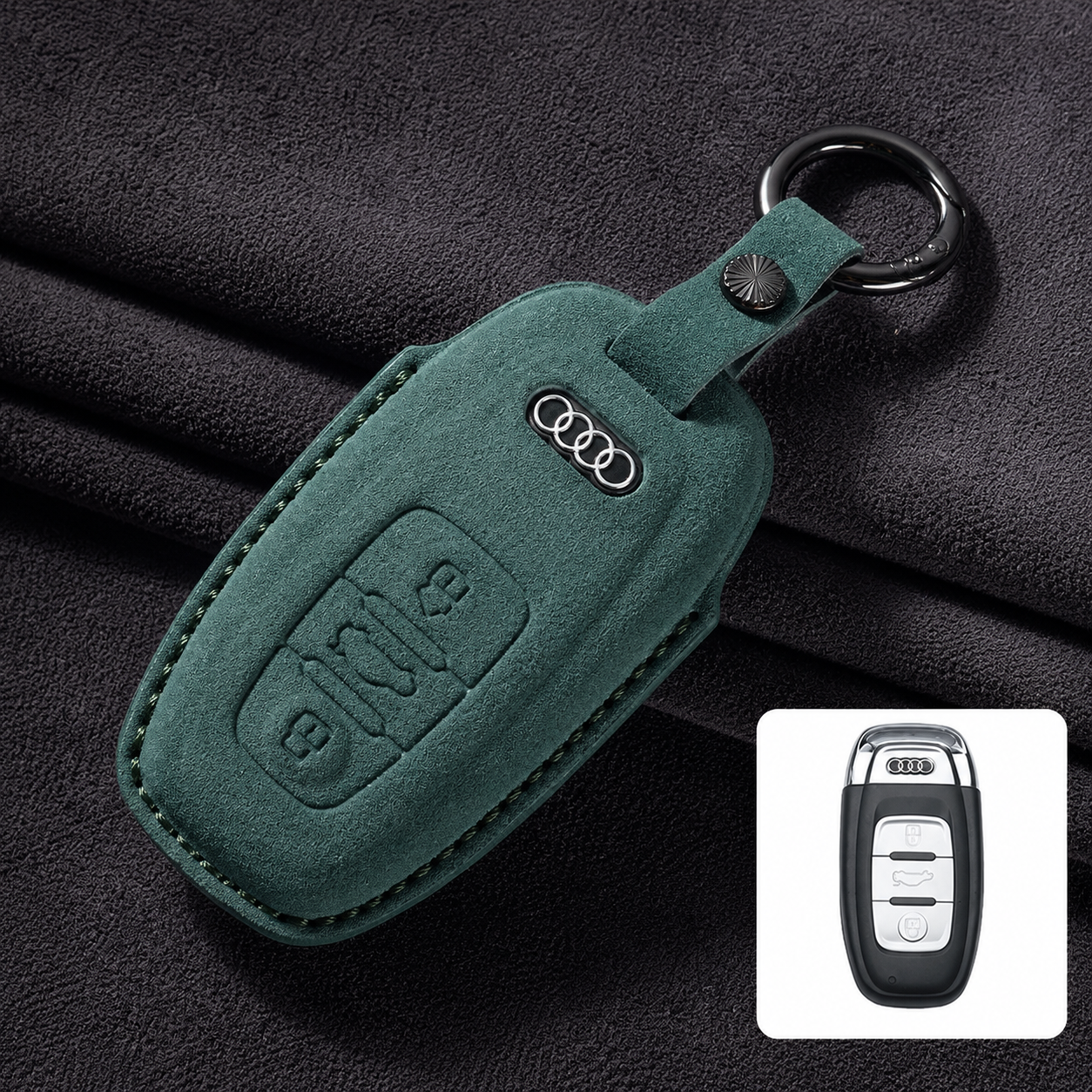 Калъф за ключ Audi от Алкантара с метален ключодържател – Премиум защита ЗЕЛЕН