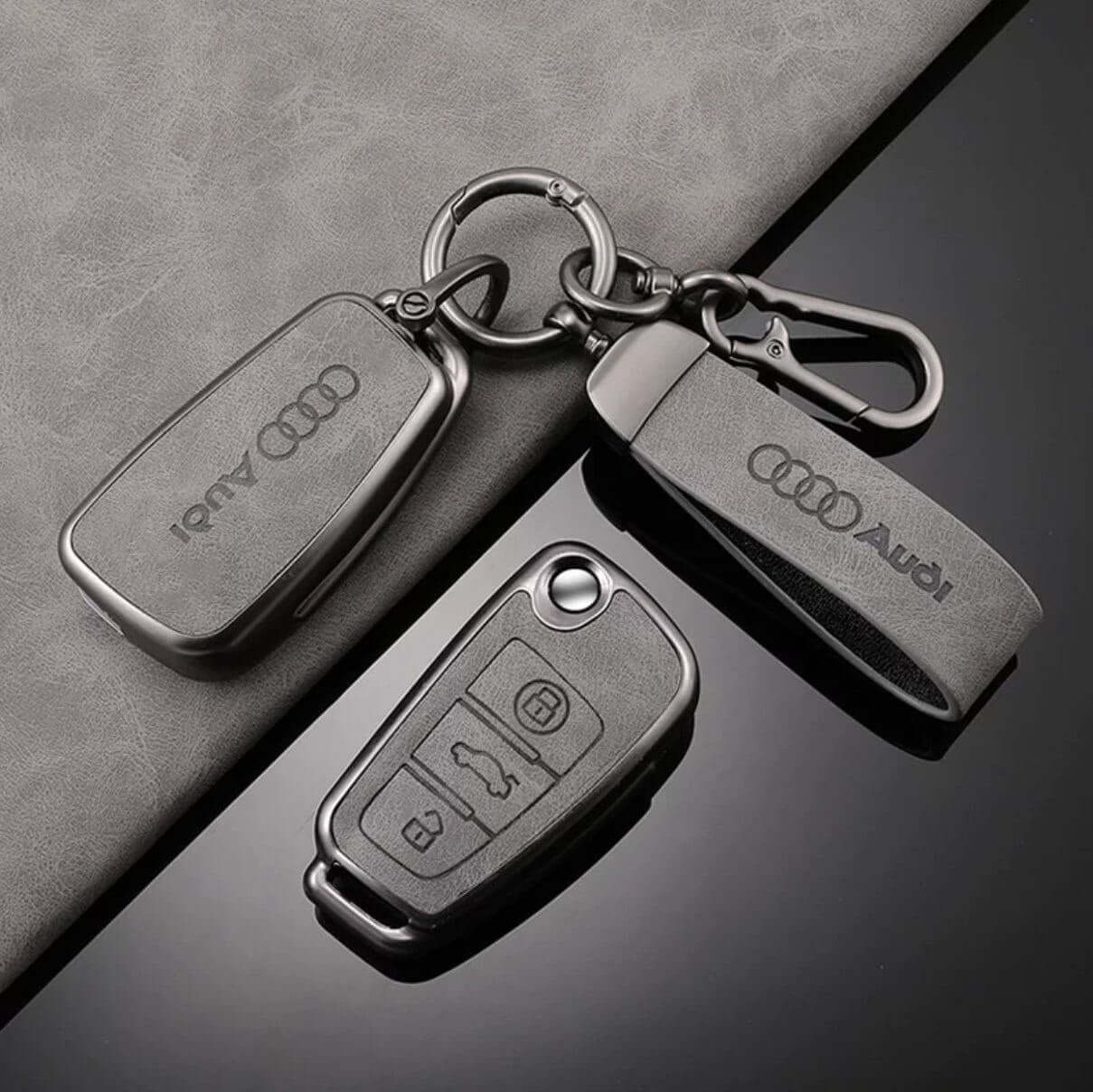 Луксозен калъф за ключ Audi + кожен ключодържател – Премиум комплект СИВ