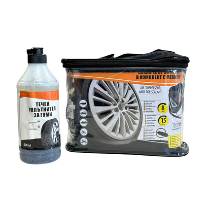 Авариен комплект за ремонт на гуми – компресор 12V 150 PSI + течен уплътнител 500 мл