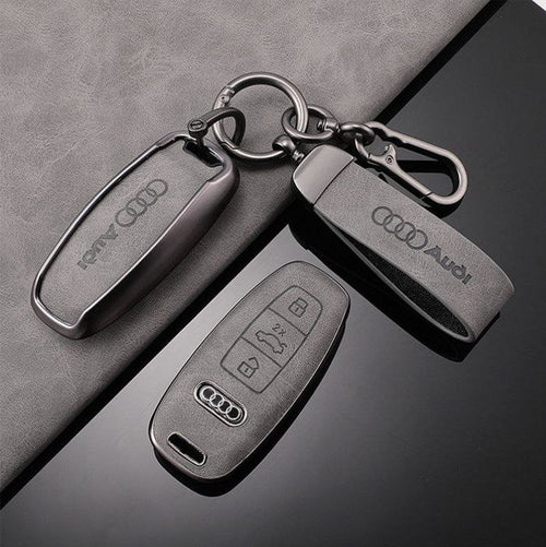 Луксозен калъф за ключ Audi + кожен ключодържател – Премиум комплект СИВ