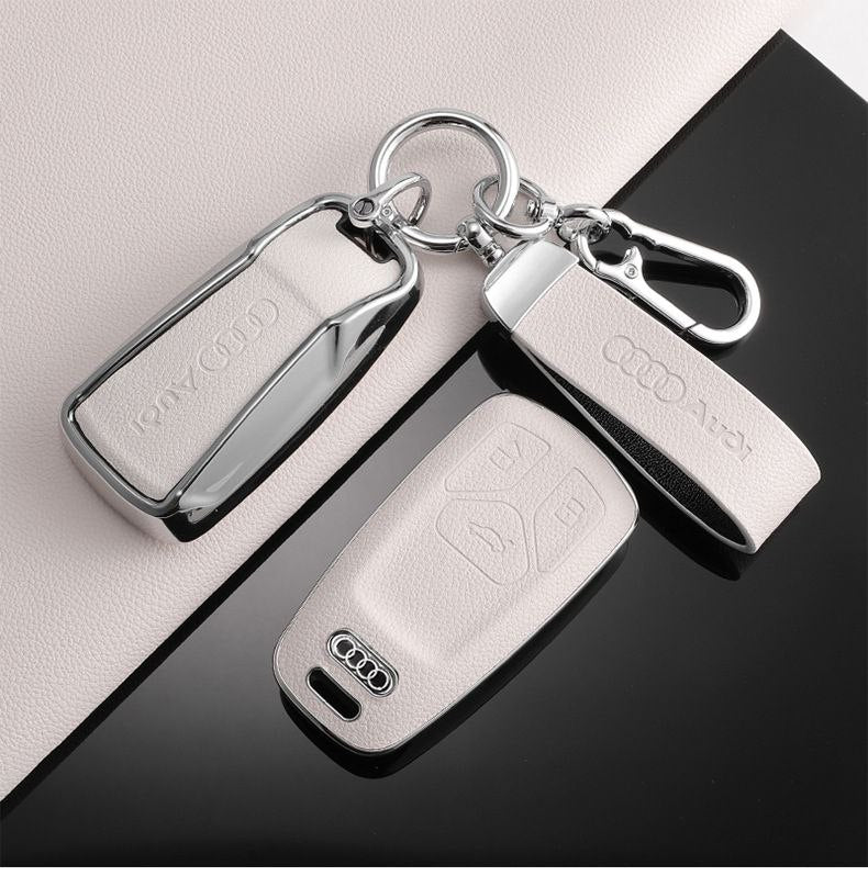 Луксозен калъф за ключ Audi + кожен ключодържател – Премиум комплект БЯЛ