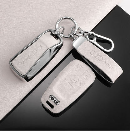Луксозен калъф за ключ Audi + кожен ключодържател – Премиум комплект БЯЛ