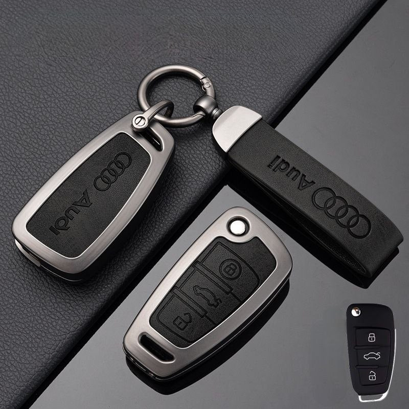 Луксозен калъф за ключ AUDI метален корпус и кожена вложка ЧЕРЕН