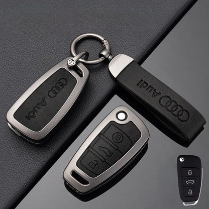 Луксозен калъф за ключ AUDI метален корпус и кожена вложка ЧЕРЕН