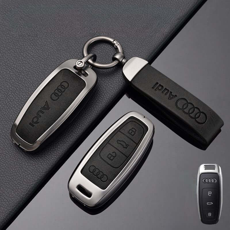 Луксозен калъф за ключ AUDI метален корпус и кожена вложка ЧЕРЕН