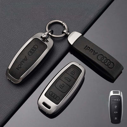 Луксозен калъф за ключ AUDI метален корпус и кожена вложка ЧЕРЕН