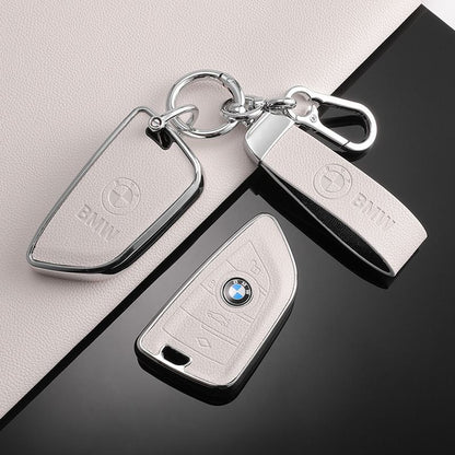 Премиум калъф за ключ BMW с ключодържател – кожа и защитен корпус БЯЛ