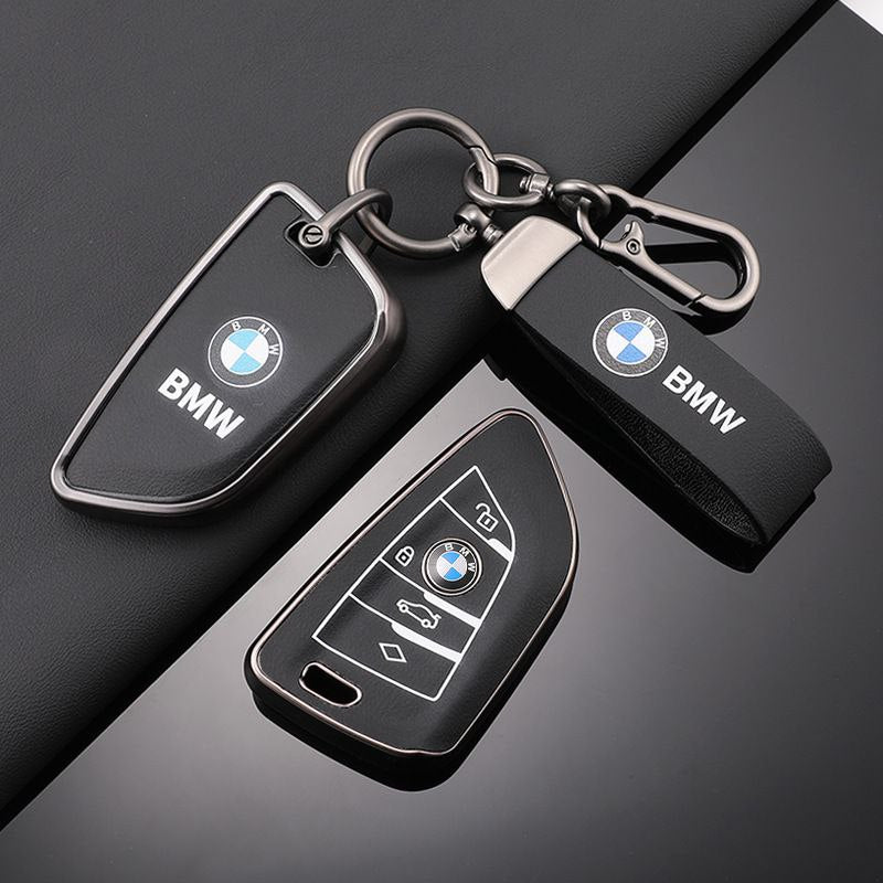 Премиум калъф за ключ BMW с ключодържател – кожа и защитен корпус ЧЕРЕН