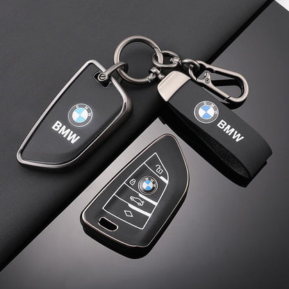 Премиум калъф за ключ BMW с ключодържател – кожа и защитен корпус ЧЕРЕН