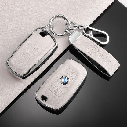 Премиум калъф за ключ BMW с ключодържател – кожа и защитен корпус БЯЛ