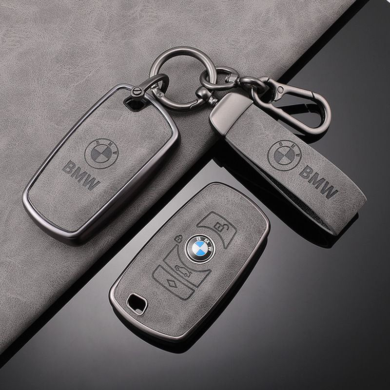 Премиум калъф за ключ BMW с ключодържател – кожа и защитен корпус СИВ
