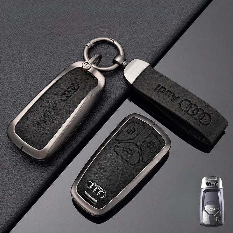 Луксозен калъф за ключ AUDI метален корпус и кожена вложка ЧЕРЕН