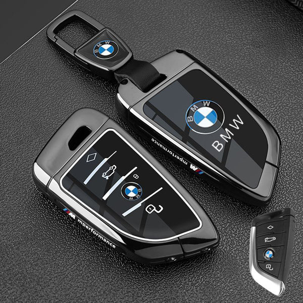 Метален калъф за ключ BMW черно и бяло + ключодържател ЧЕРЕН