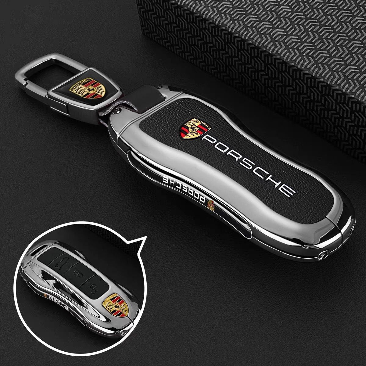 Калъф за ключ Porsche – метал и кожа, премиум изработка ЧЕРЕН " А "